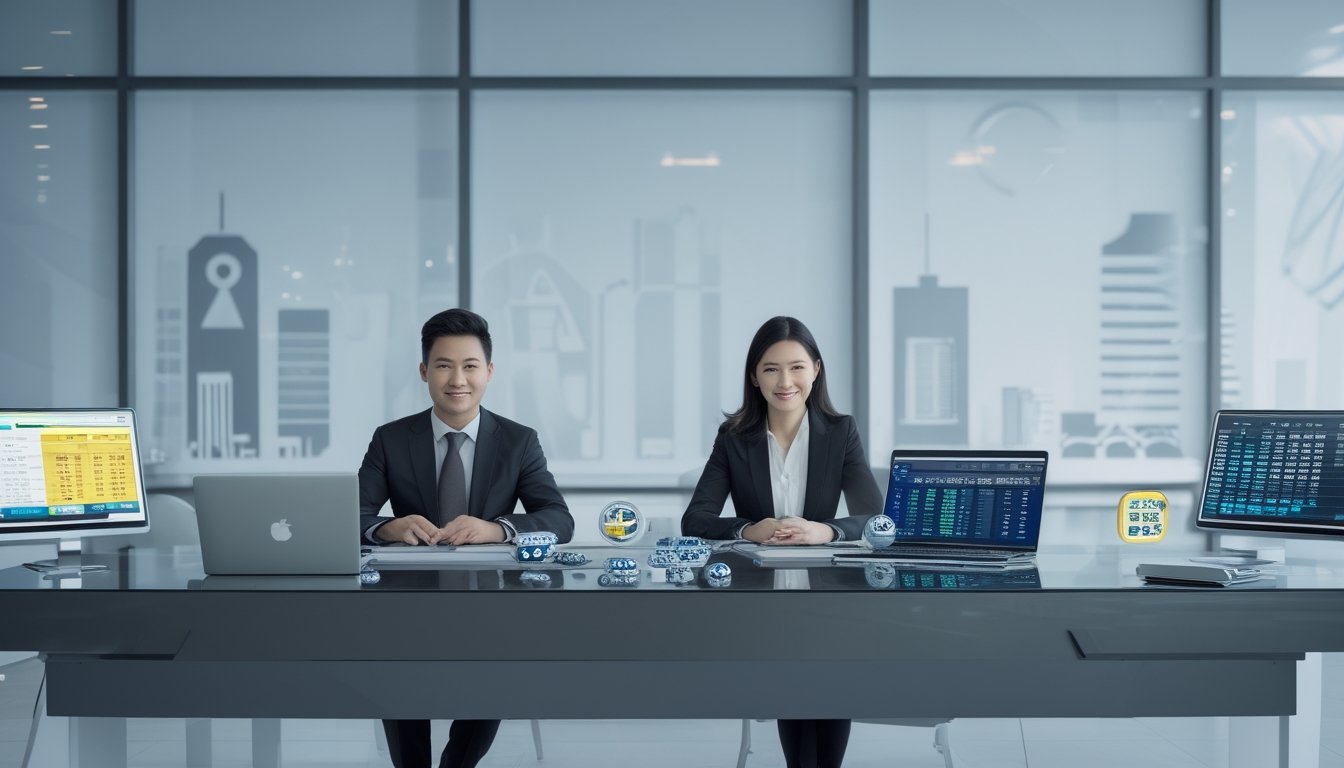 Seorang pria dan wanita Asia duduk di meja kerja dengan perangkat digital, latar belakang menampilkan siluet kota Hong Kong dan Sydney, suasana profesional dan aman.