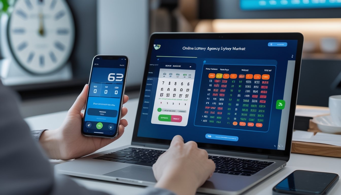 Seorang pengguna sedang menggunakan laptop dan ponsel untuk mengakses layanan agen togel online dengan suasana ruang kerja modern.