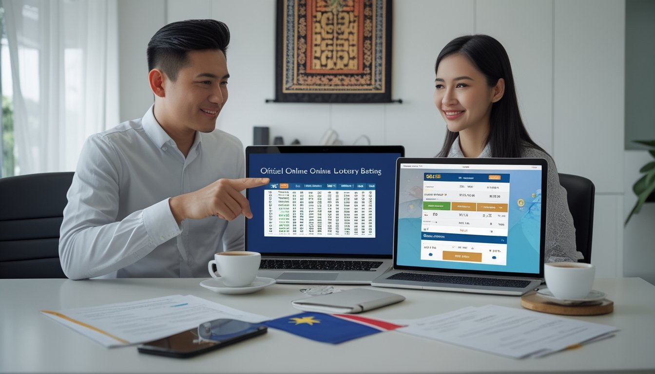 Seorang pria dan wanita Indonesia duduk di meja kerja dengan perangkat digital yang menampilkan aplikasi taruhan togel online, di ruangan kantor rumah yang rapi dengan dekorasi budaya Indonesia.