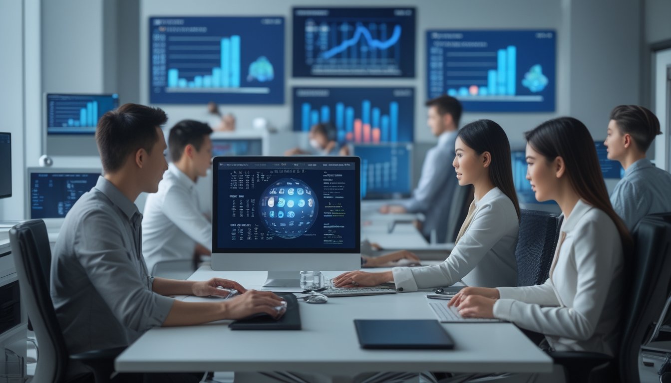 Orang-orang bekerja di kantor modern dengan beberapa layar komputer yang menampilkan data dan grafik terkait taruhan togel online.
