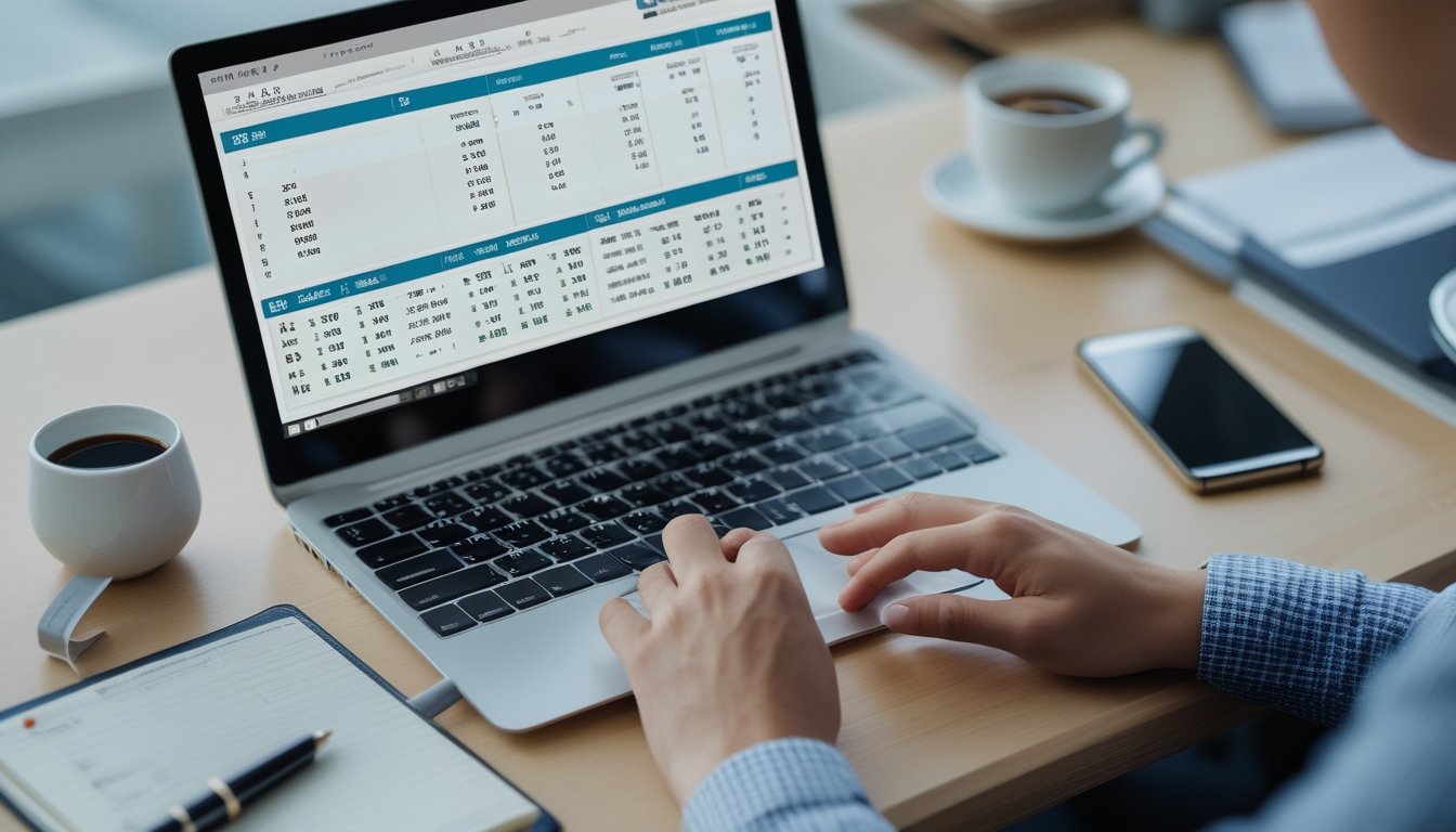 Seseorang menggunakan laptop dan ponsel di meja kerja yang rapi untuk memilih agen togel online yang terpercaya.