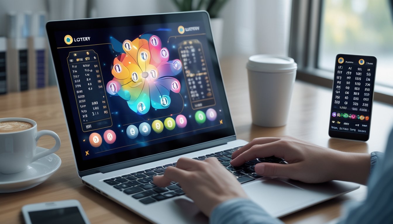 Seorang pengguna sedang bekerja di depan laptop dengan layar menampilkan antarmuka lotere online, di meja terdapat kopi dan ponsel, suasana tenang dan teratur.