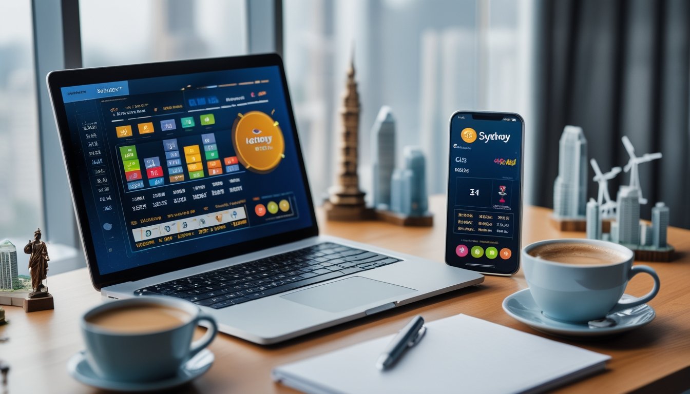 Meja kerja dengan laptop dan ponsel yang menampilkan aplikasi togel online, dengan latar belakang miniatur kota Hong Kong dan Sydney.