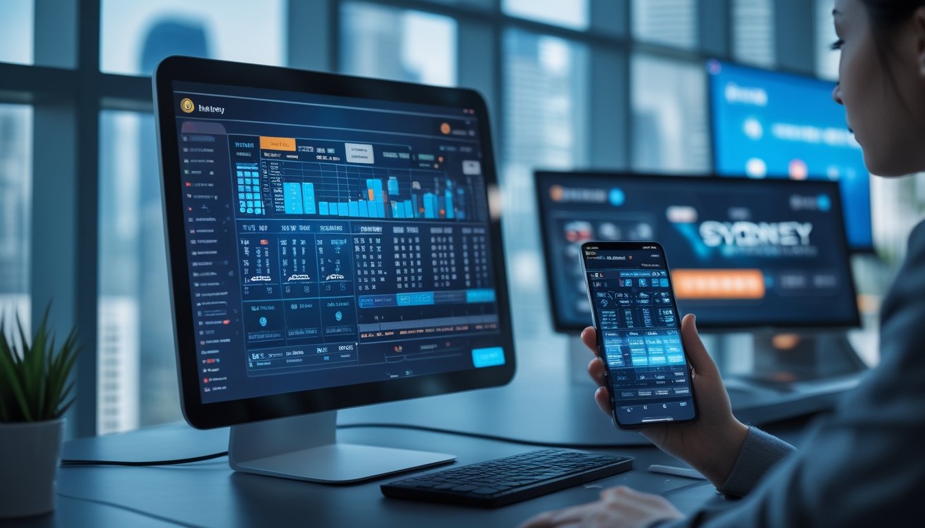 Seorang profesional menggunakan perangkat digital di ruang kerja modern dengan layar komputer yang menampilkan data lotere, dengan pemandangan kota di latar belakang.