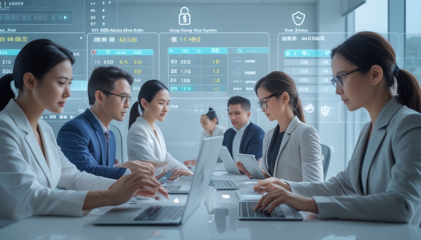 Orang-orang profesional menggunakan perangkat digital di kantor modern dengan layar menampilkan data taruhan dan elemen keamanan.