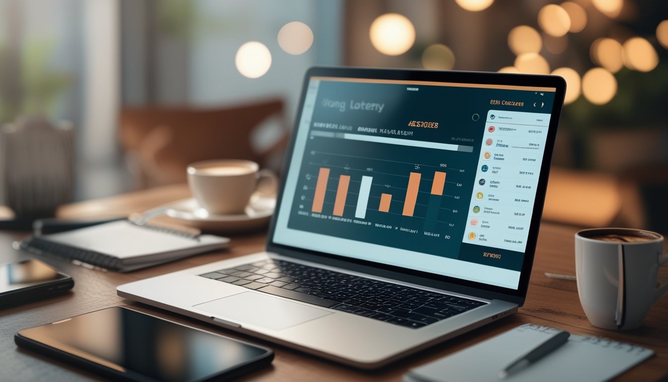 Meja kerja dengan laptop yang menampilkan antarmuka digital terkait taruhan togel, dikelilingi oleh ponsel, cangkir kopi, dan buku catatan, dengan latar belakang yang samar dan pencahayaan hangat.