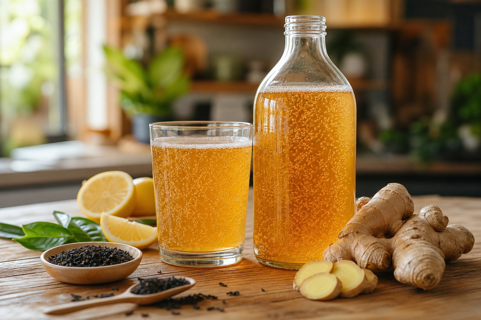 Eine Flasche und ein Glas mit Kombucha auf einem Holztisch, umgeben von frischem Ingwer, Zitronenscheiben und Teeblättern.