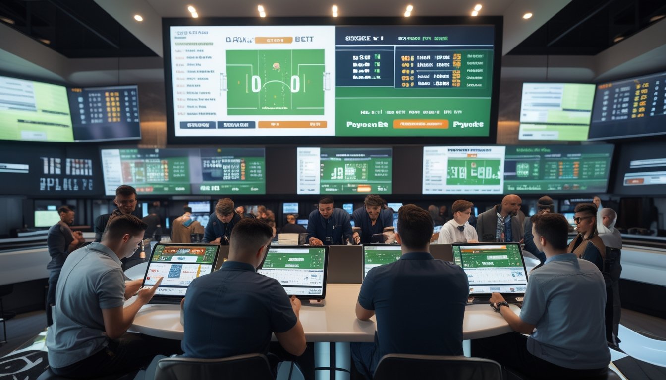 Orang-orang sedang memasang taruhan sepak bola di sportsbook modern dengan layar besar yang menampilkan informasi peluang dan pembayaran cepat.