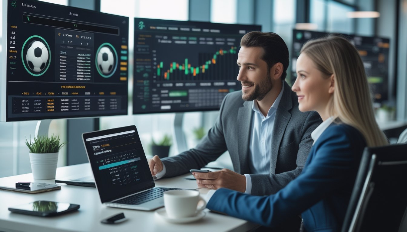Dua orang profesional sedang menganalisis data taruhan sepak bola di kantor modern dengan layar besar menampilkan statistik pertandingan dan peluang taruhan.
