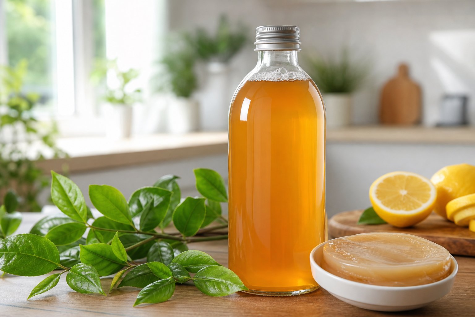 Eine Glasflasche mit bernsteinfarbenem Kombucha auf einem Holztisch, umgeben von Teeblättern, Zitronenscheiben und einer Schale mit Kombucha-Kultur.