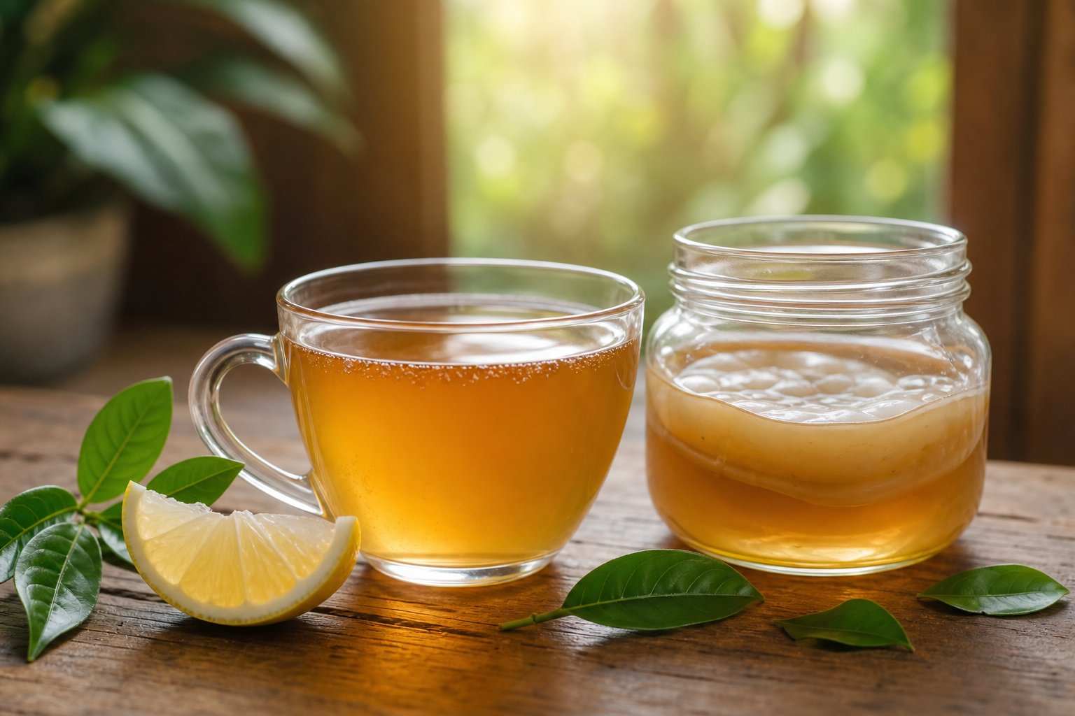 Ein Glas mit goldenem Kombucha-Tee auf einem Holztisch, daneben ein Glas mit einer Kombucha-Kultur und frische Teeblätter und Zitronenscheibe.