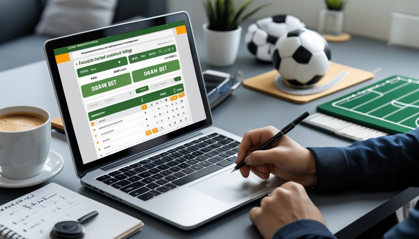 Seseorang duduk di depan laptop dengan situs taruhan sepak bola terbuka, memegang pena dan buku catatan, di meja terdapat kopi, ponsel, bola sepak kecil, dan papan taktik.