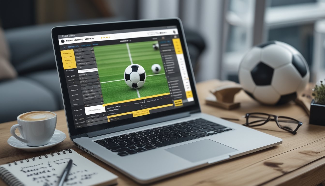 Seorang pengguna laptop dengan layar menampilkan antarmuka taruhan sepak bola 1X2 dan Draw No Bet, di meja terdapat bola sepak, kacamata, catatan strategi taruhan, dan secangkir kopi.