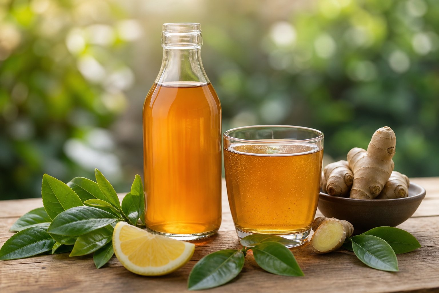Eine Flasche und ein Glas mit Kombucha auf einem Holztisch, umgeben von Teeblättern, Zitronenscheibe und Ingwer.