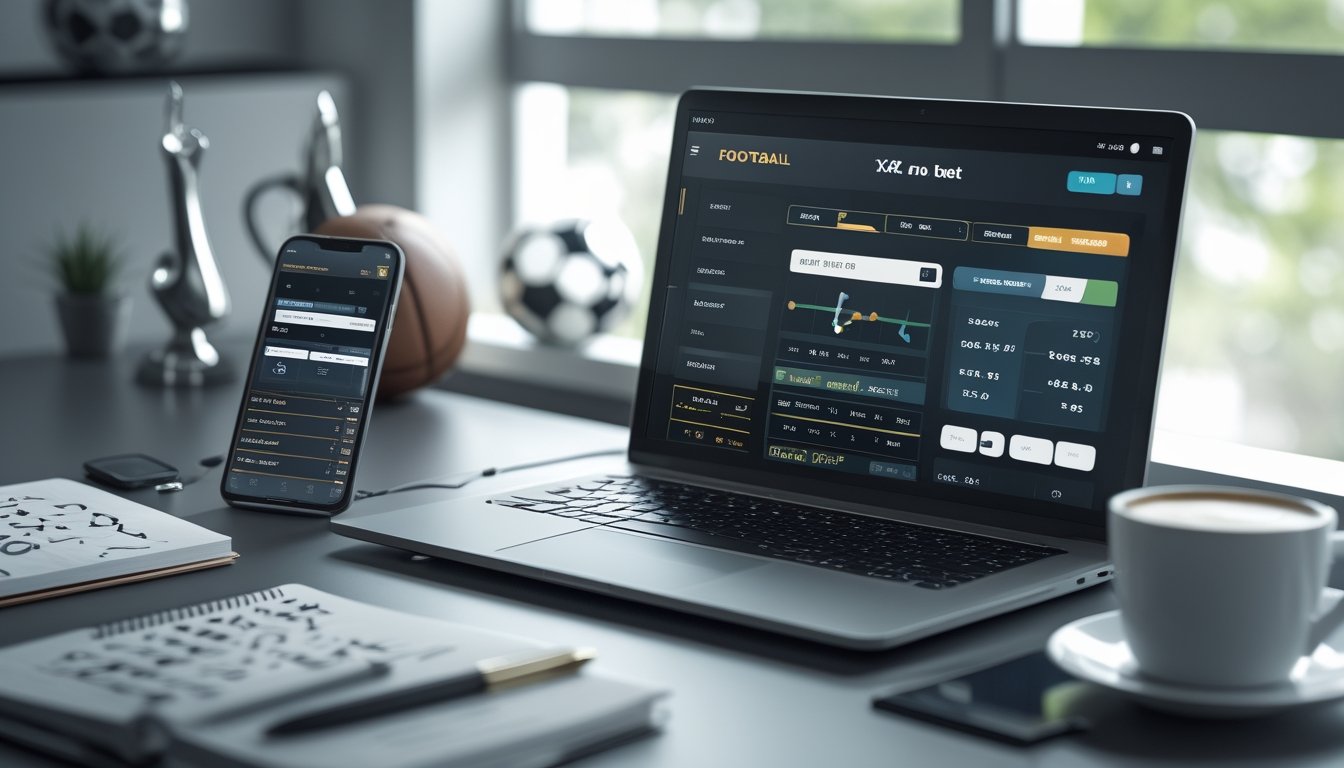 Meja kerja dengan laptop yang menampilkan situs taruhan sepak bola, ponsel dengan skor pertandingan langsung, buku catatan strategi taruhan, dan dekorasi bertema sepak bola.