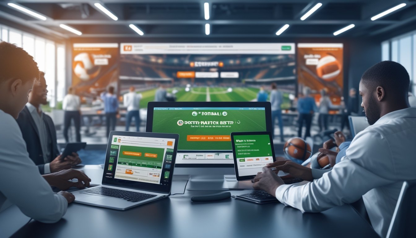 Orang-orang menggunakan perangkat digital untuk memasang taruhan sepak bola di lingkungan modern dengan layar besar menampilkan pertandingan sepak bola dan statistik.