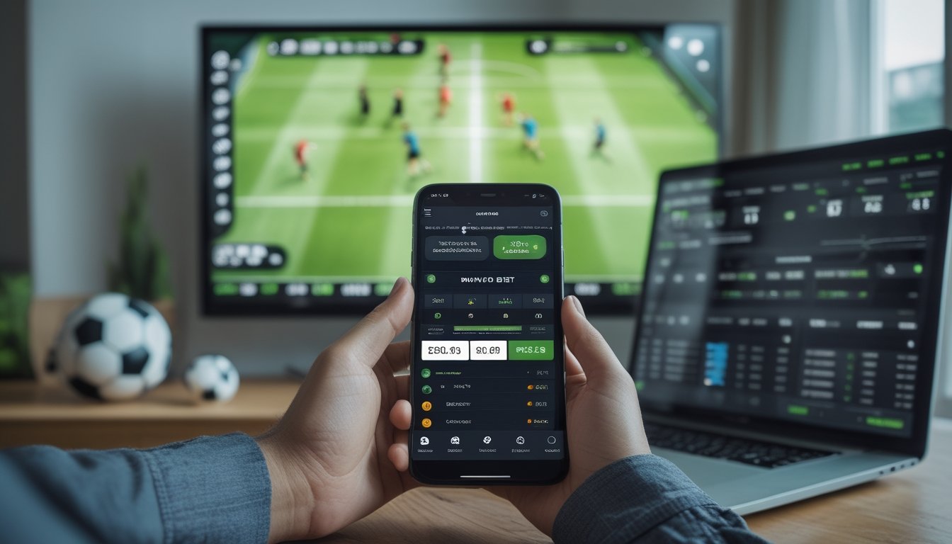 Seseorang memegang smartphone dengan aplikasi taruhan sepak bola, latar belakang menampilkan pertandingan sepak bola di layar televisi.
