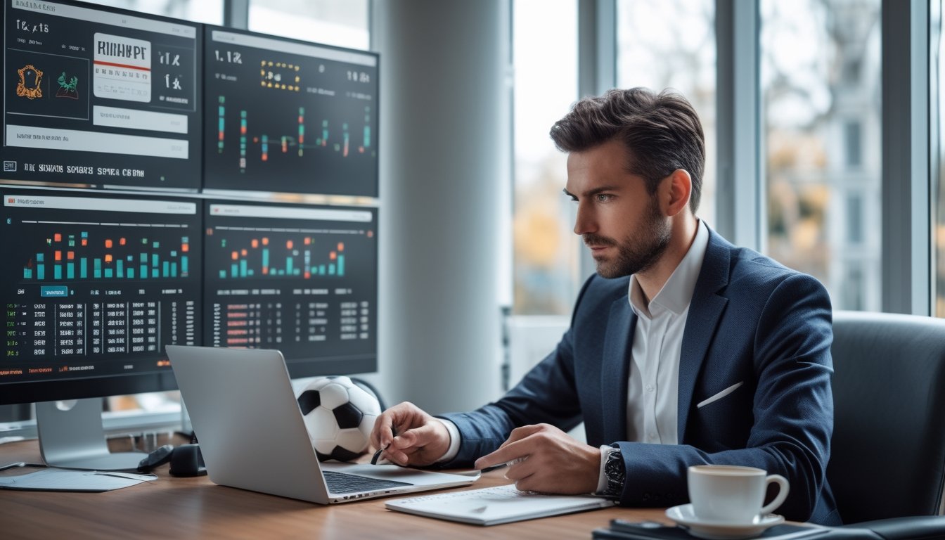 Seorang pria sedang menganalisis strategi taruhan sepak bola di depan laptop dengan layar menampilkan statistik dan grafik di sebuah kantor modern.