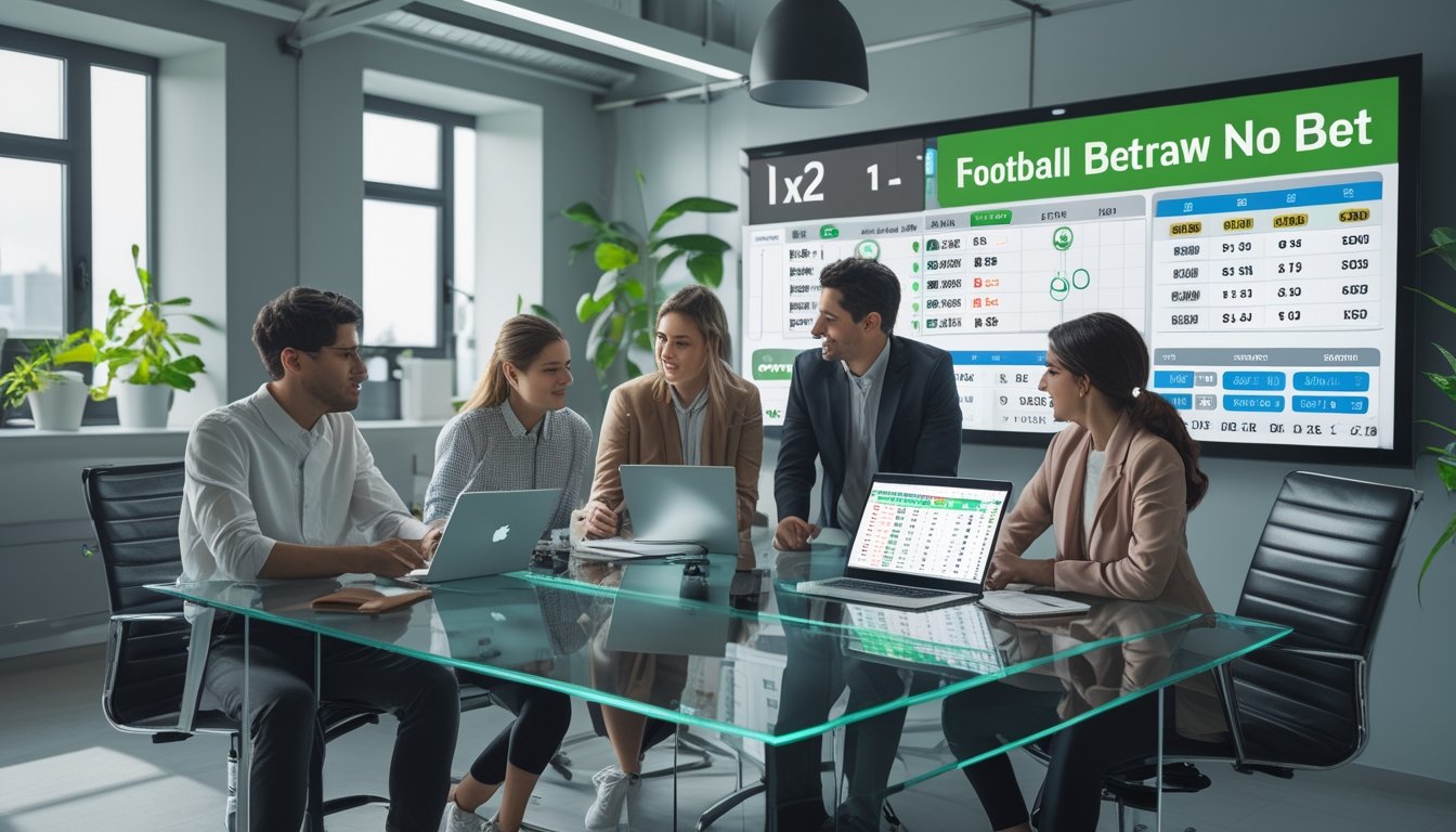 Sekelompok orang muda sedang berdiskusi di kantor dengan perangkat digital yang menampilkan statistik dan strategi taruhan sepak bola.