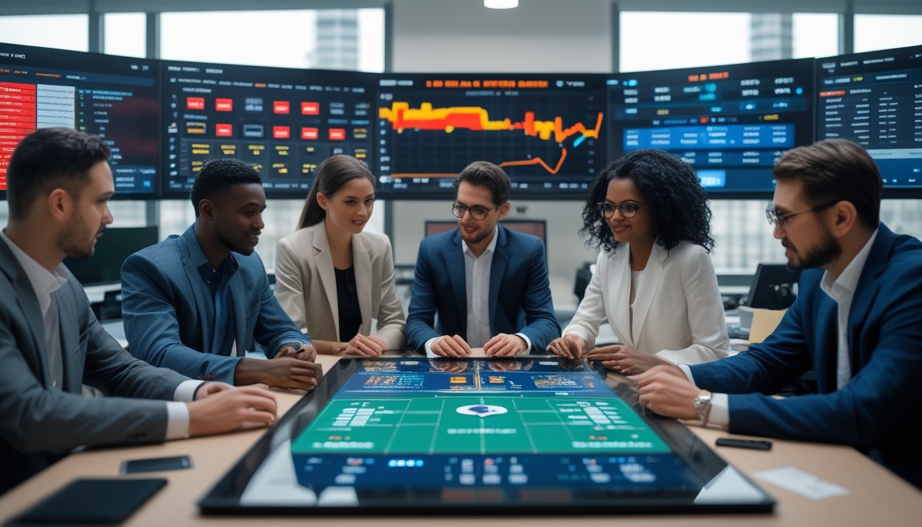 Sekelompok profesional sedang berdiskusi di kantor modern dengan layar digital yang menampilkan data taruhan sepak bola 1X2 dan Draw No Bet.