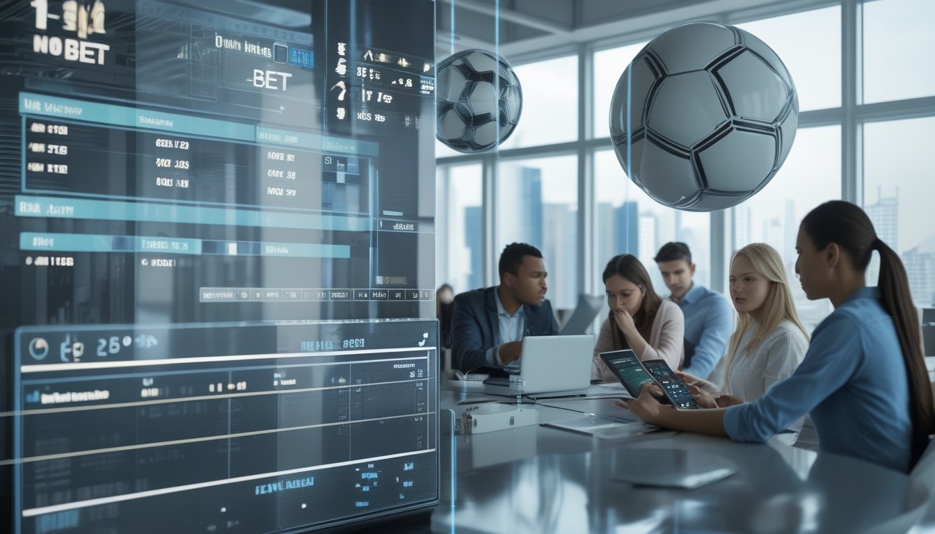 Orang-orang sedang menggunakan perangkat digital untuk memasang taruhan sepak bola di sebuah kantor modern dengan tampilan statistik pertandingan di layar.