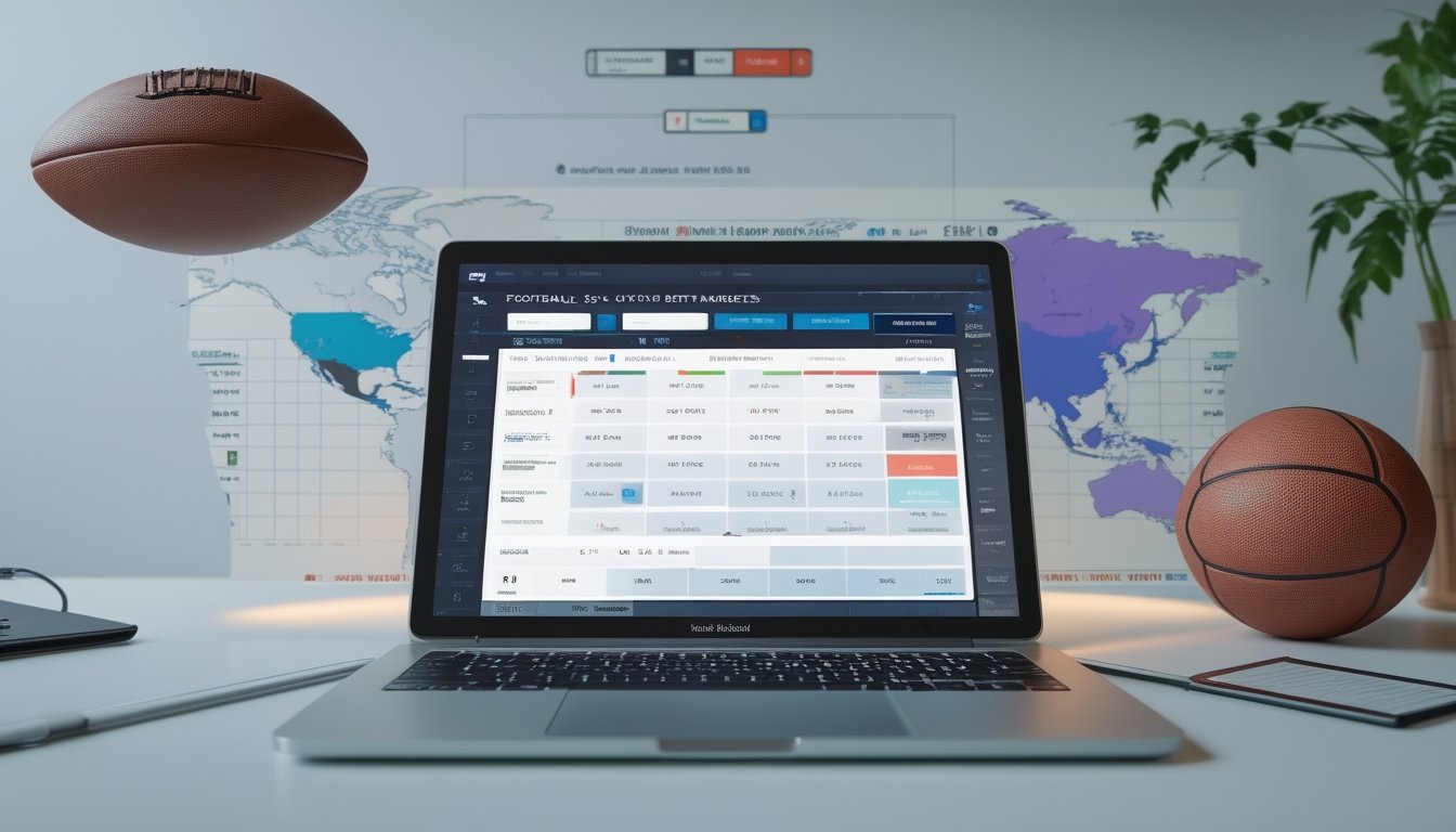 Seorang pengguna melihat layar perangkat digital yang menampilkan platform taruhan sepak bola dengan berbagai pilihan pasar dan grafik statistik, di meja terdapat bola sepak dan peta dunia.