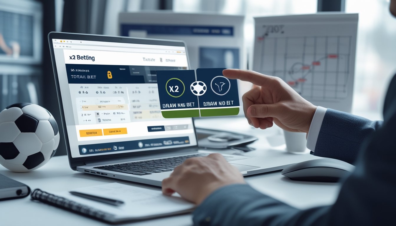 Seorang profesional sedang menggunakan laptop dengan tampilan antarmuka taruhan sepak bola online, dikelilingi oleh ikon dan elemen yang menggambarkan jenis taruhan 1X2 dan Draw No Bet.