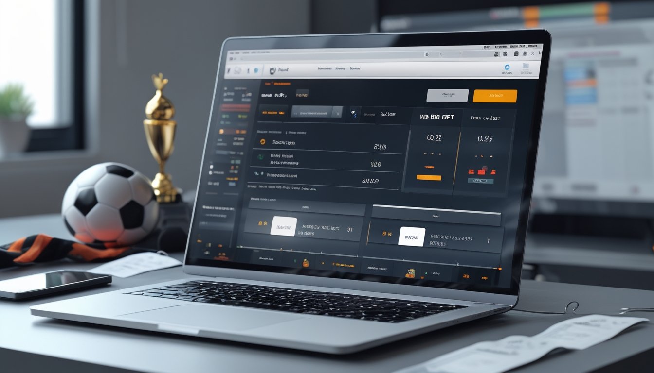 Seorang pengguna sedang melihat layar komputer yang menampilkan antarmuka taruhan sepak bola online dengan bola sepak di dekatnya.