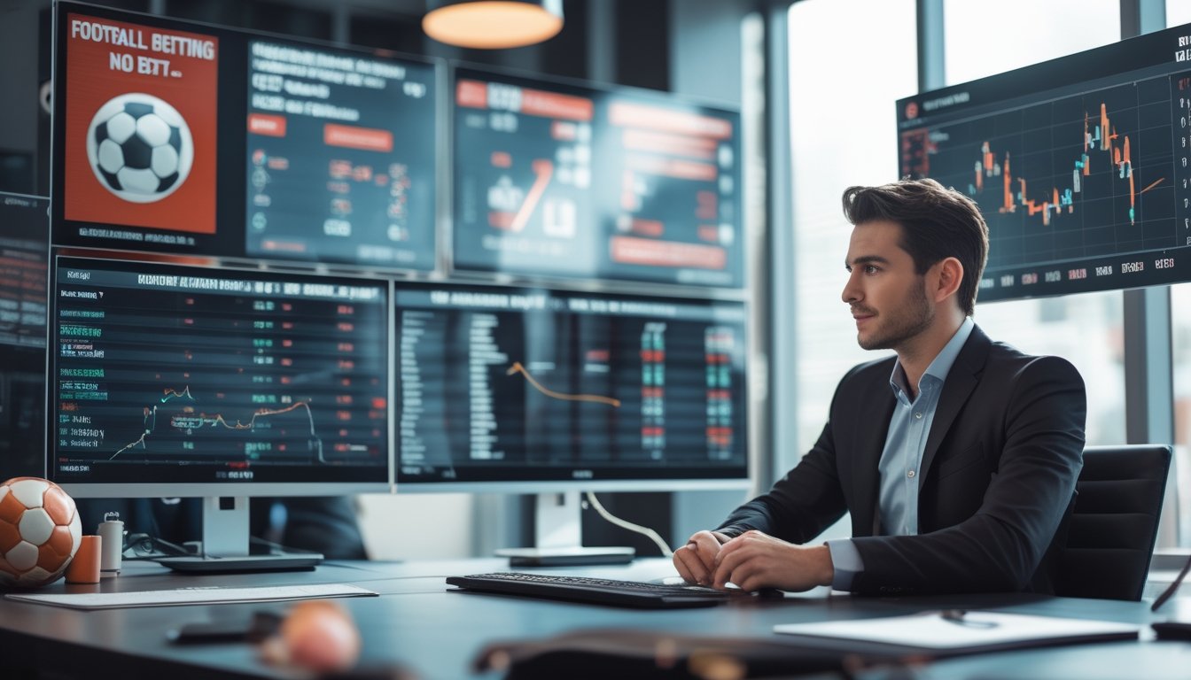 Seorang profesional sedang menganalisis data taruhan sepak bola di depan beberapa monitor komputer di kantor modern.