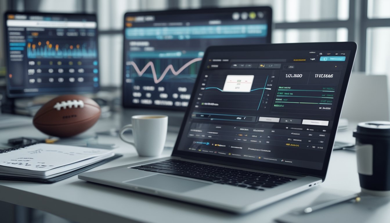 Seorang profesional bekerja di depan laptop dengan tampilan data taruhan sepak bola dan grafik di meja kantor yang rapi.