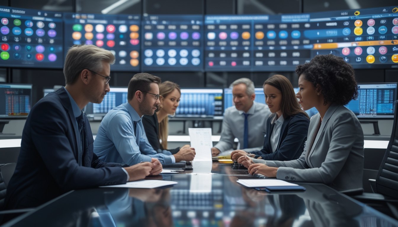 Orang-orang profesional sedang berdiskusi di ruang kantor modern dengan layar digital menampilkan angka togel dan grafik pasar lengkap.