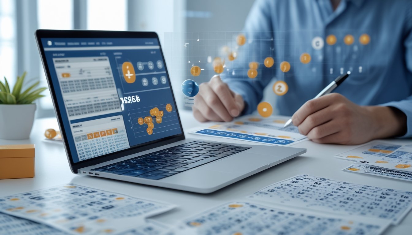 Sebuah meja kerja modern dengan laptop yang menampilkan grafik angka 2D dan 3D, seseorang sedang menganalisis data dengan pena, dan beberapa kertas berisi angka togel berserakan di meja.