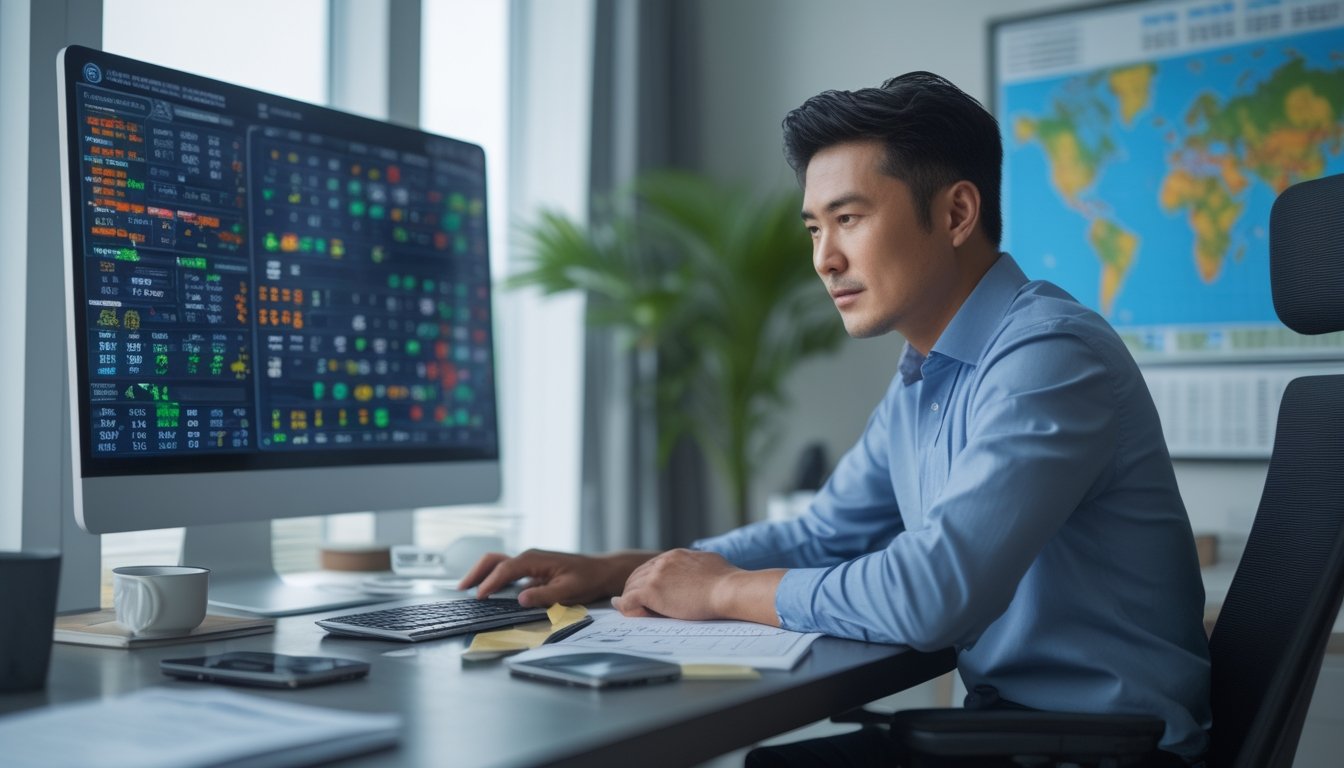 Seorang pria Asia duduk di meja kerja dengan komputer yang menampilkan grafik dan angka terkait taruhan togel online.