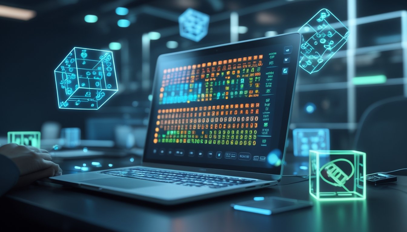 Sebuah komputer dengan tampilan angka togel 2D dan bentuk 3D mengambang di sekitarnya dalam suasana teknologi modern.