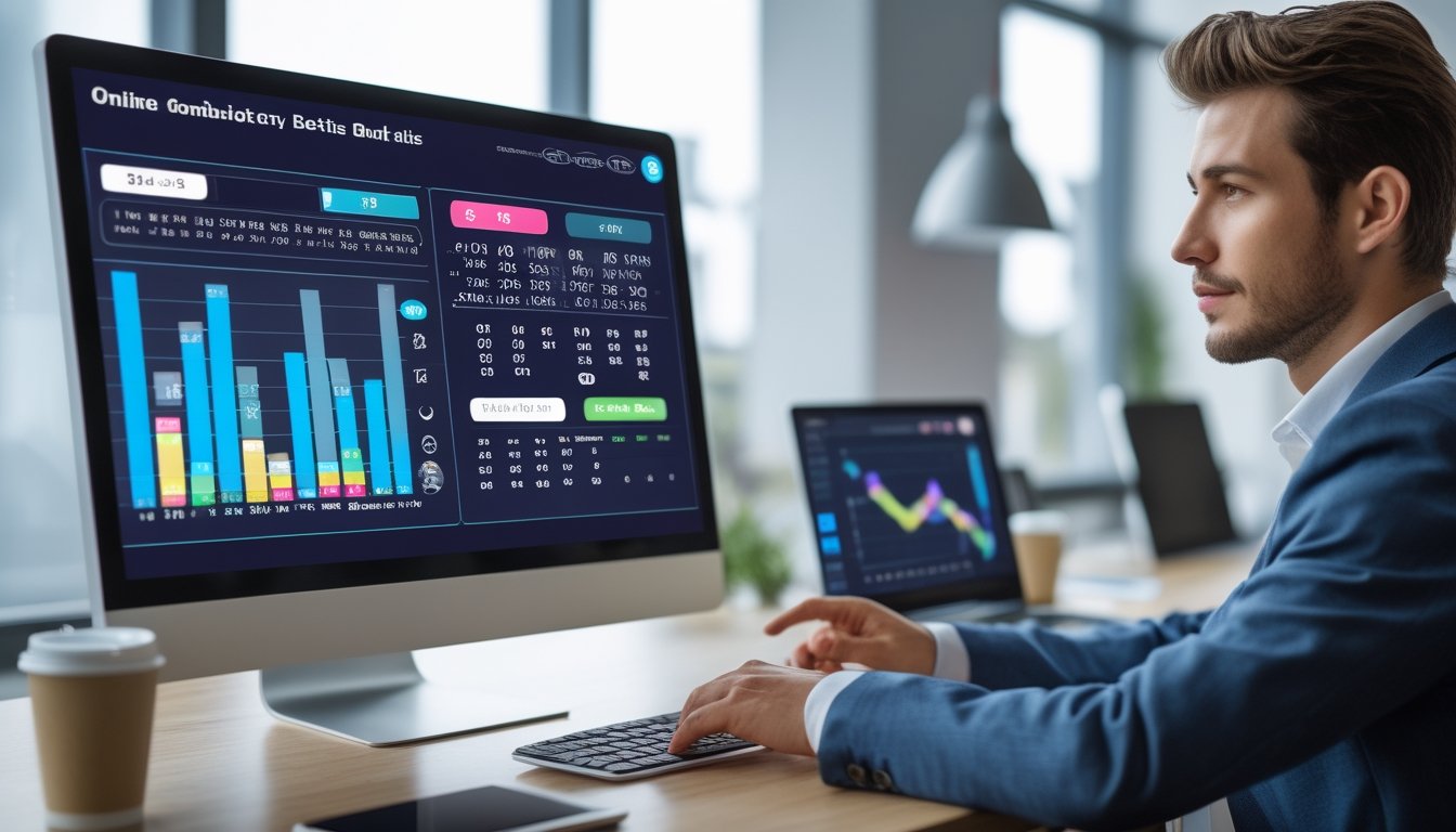 Seorang pria muda sedang menggunakan layar sentuh komputer dengan grafik dan angka terkait taruhan togel di ruang kantor yang rapi.