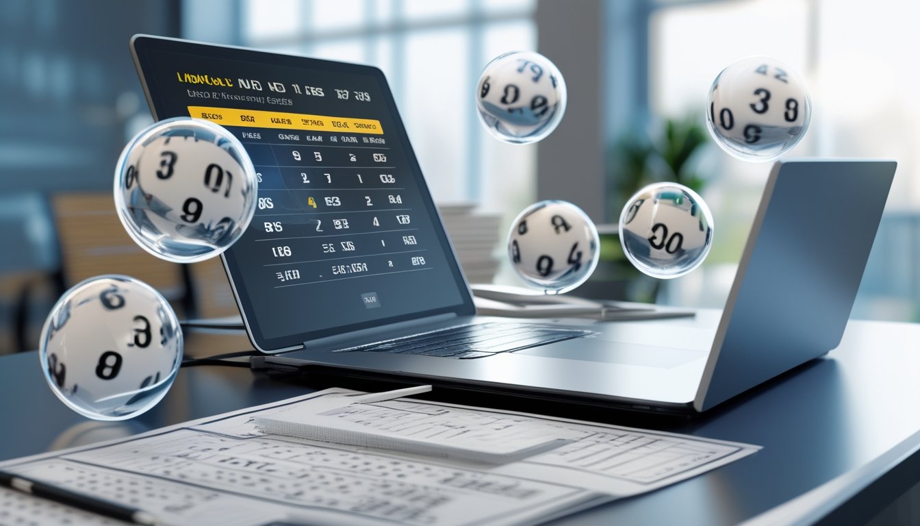 Meja kerja modern dengan laptop menampilkan antarmuka lotere digital dan bola lotere 3D melayang di atasnya, dengan kertas taruhan di sampingnya.