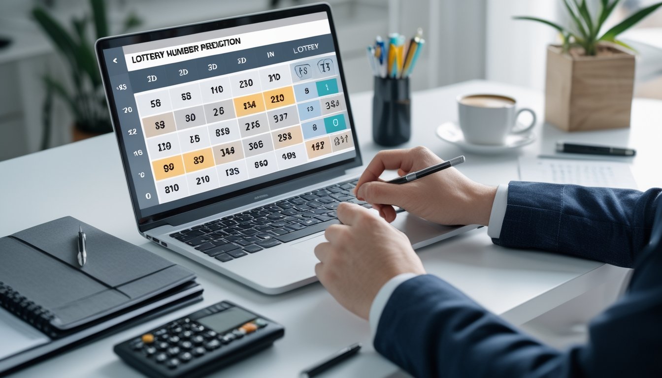 Sebuah meja kerja dengan laptop yang menampilkan grafik dan kombinasi angka togel, bersama dengan buku catatan, kalkulator, dan tangan seseorang yang sedang menulis atau menunjuk layar.