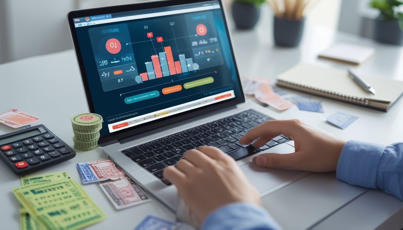 Seseorang menggunakan laptop di meja dengan tiket togel, kalkulator, dan catatan, fokus pada layar yang menampilkan grafik dan angka togel kombinasi 2D dan 3D.