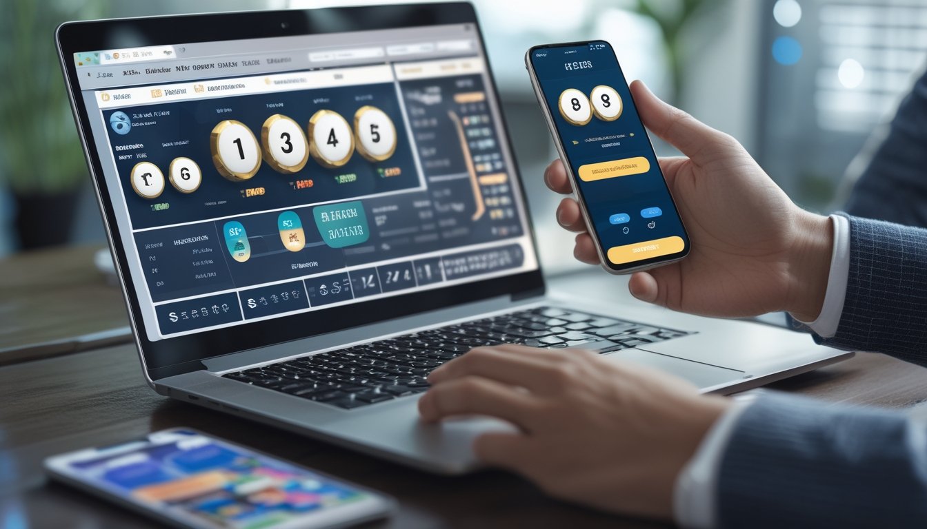 Sebuah meja kerja modern dengan laptop dan ponsel yang menampilkan aplikasi taruhan togel, serta tangan yang sedang melakukan transaksi deposit melalui aplikasi perbankan.