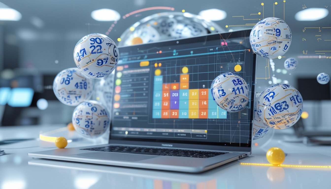Seorang pengguna di depan laptop dengan bola lotere 3D melayang dan grafik angka di layar, menggambarkan taruhan togel online kombinasi 2D dan 3D.