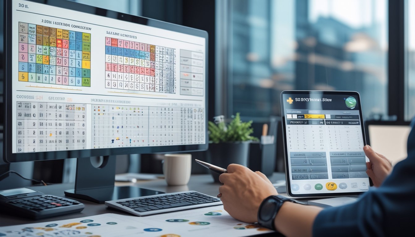 Seseorang sedang menganalisis data lotre dengan grafik dan angka di meja kerja modern.