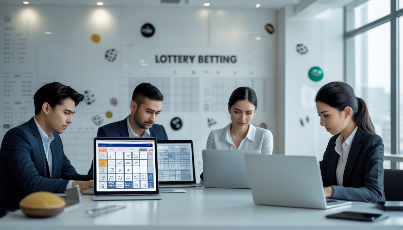 Sekelompok orang di kantor modern sedang menggunakan perangkat digital untuk menganalisis kombinasi taruhan togel 2D dan 3D.
