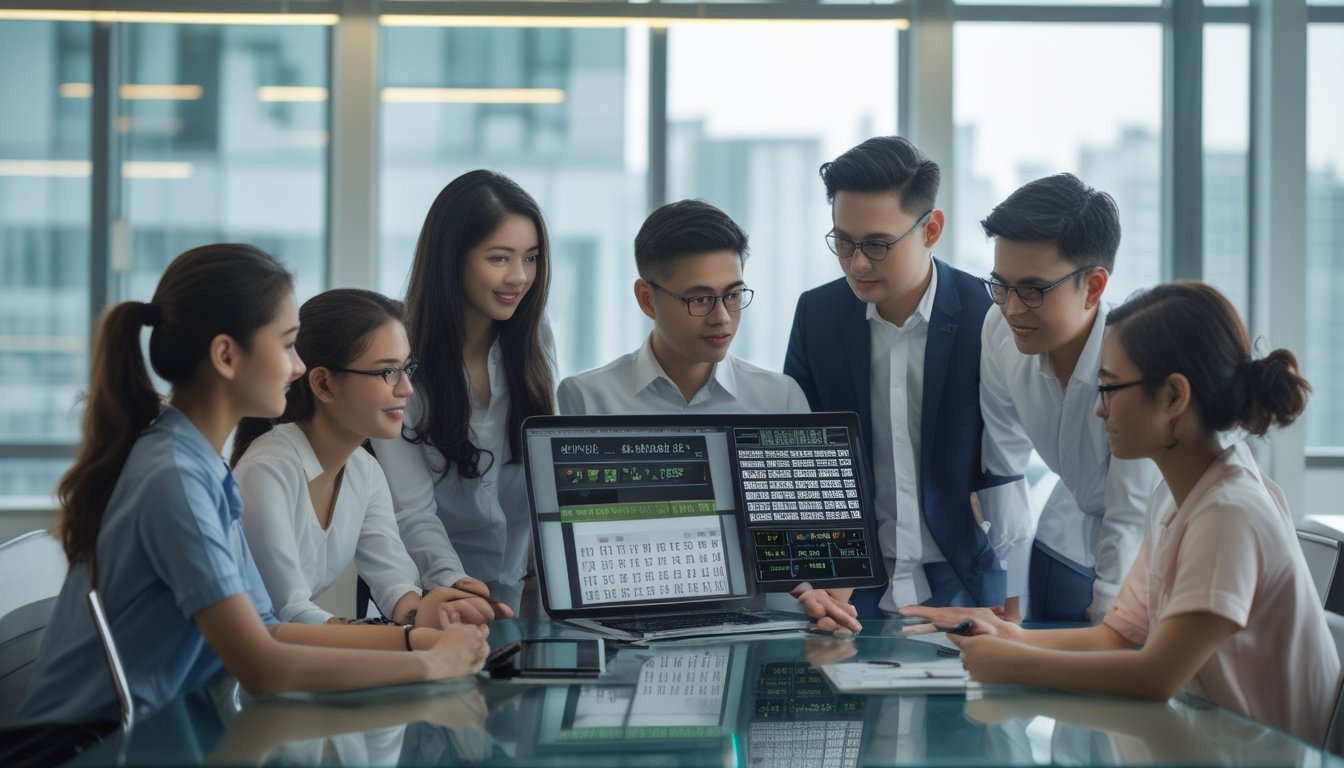 Sekelompok orang muda sedang berdiskusi di meja dengan perangkat digital yang menampilkan kombinasi angka togel 2D dan 3D dalam suasana kantor modern.