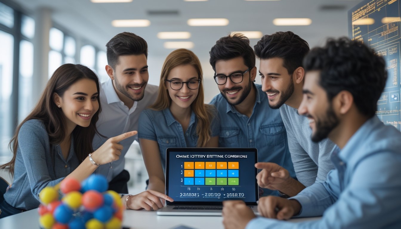Sekelompok orang muda sedang berdiskusi dan melihat layar laptop di ruang kantor yang terang.