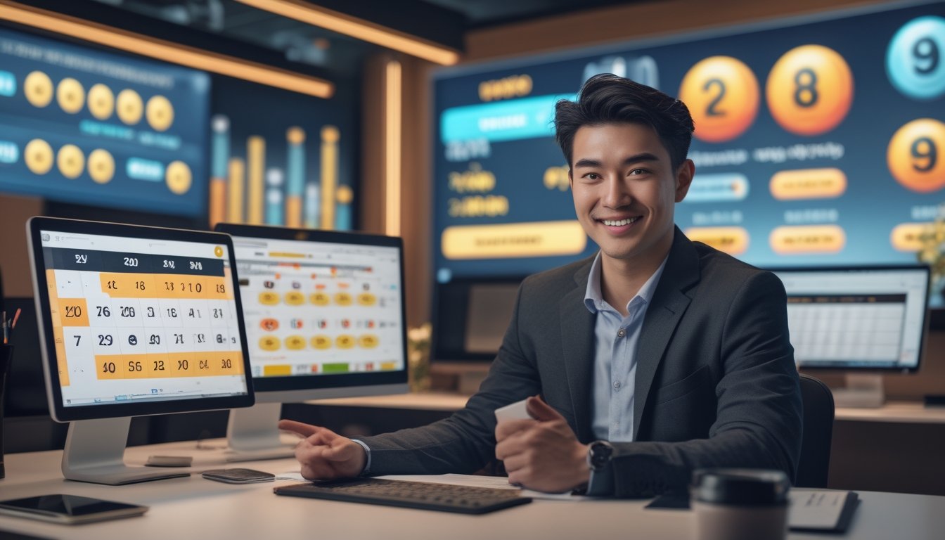 Seorang pria muda duduk di meja kerja dengan beberapa layar komputer yang menampilkan kombinasi angka togel, di ruang kantor modern yang rapi dan terang.