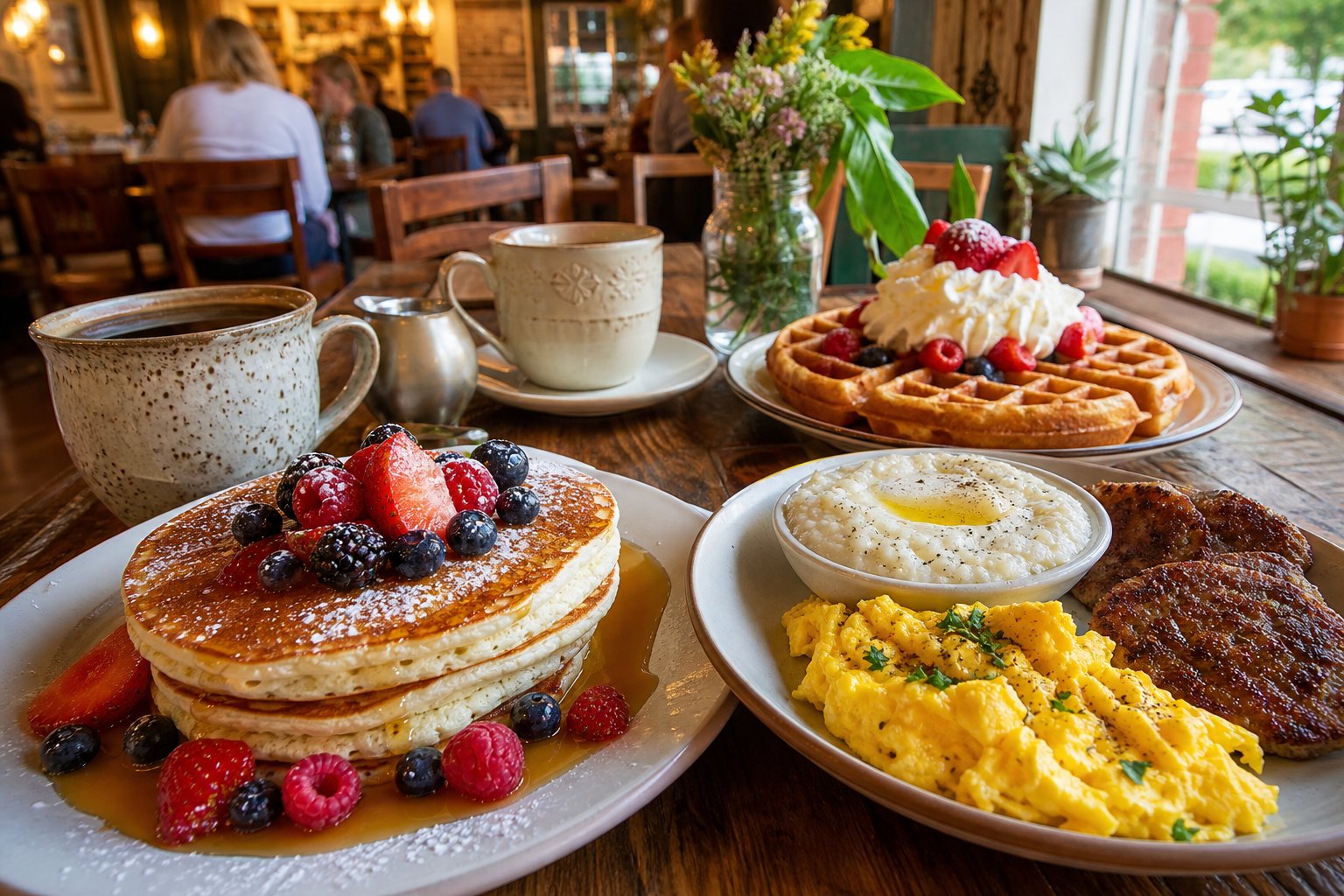 A breakfast table with pancakes, waffles, eggs, sausage, grits, and coffee in a cozy restaurant setting.