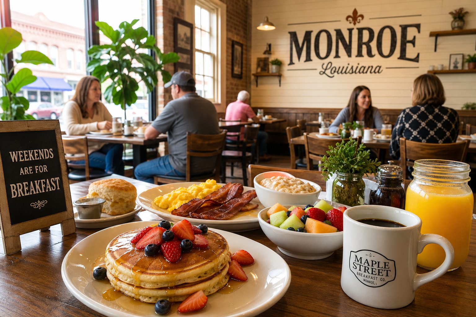 Cozy café interior with breakfast plates including pancakes, eggs, bacon, coffee, and juice, with people enjoying their meal.
