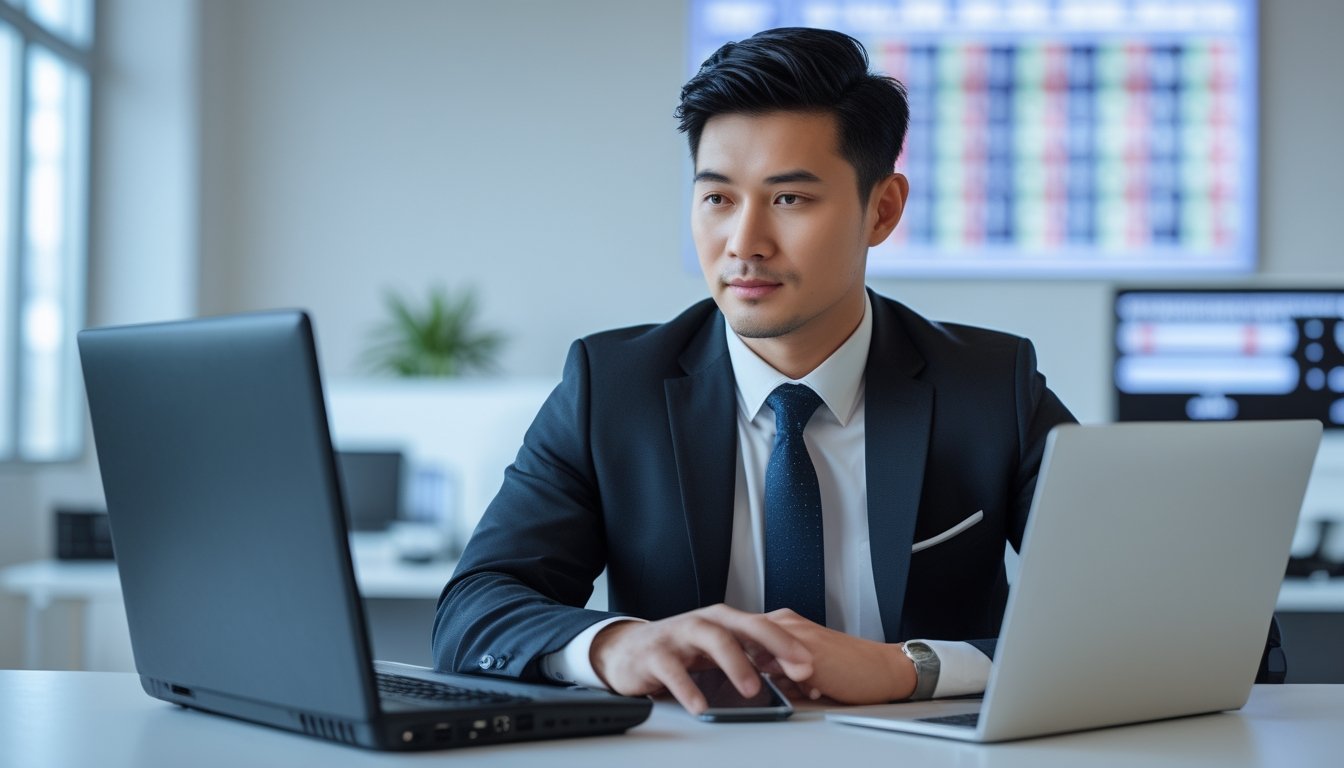 Seorang pria muda duduk di meja kantor menggunakan laptop dan ponsel dengan latar belakang layar digital menampilkan angka dan grafik.