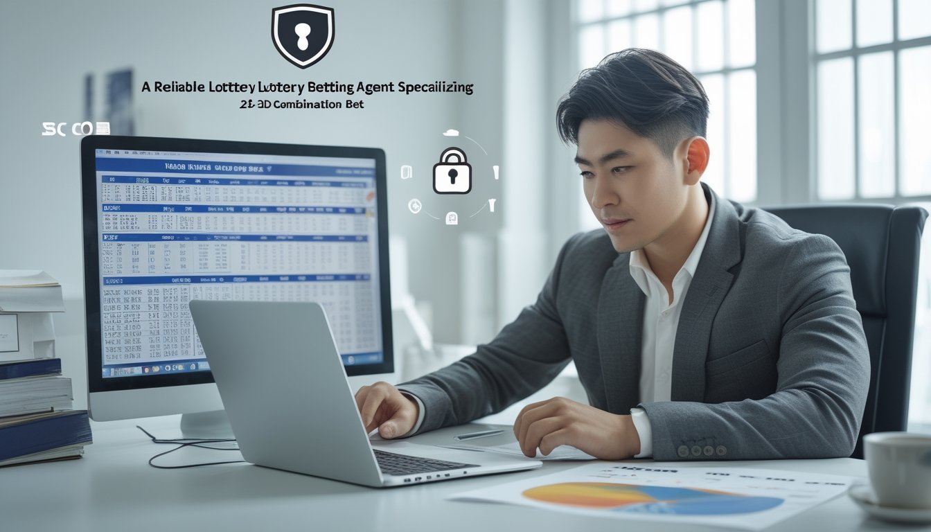 Seorang pria Asia Tenggara duduk di meja modern, menganalisis data kombinasi togel dengan laptop dan kertas di kantor yang terang dan rapi.