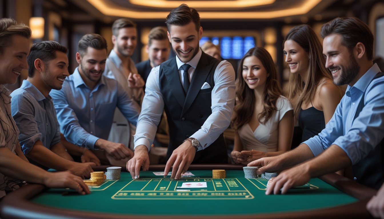 Seorang dealer profesional membagikan kartu blackjack di meja kasino dengan pemain yang fokus dan suasana mewah.